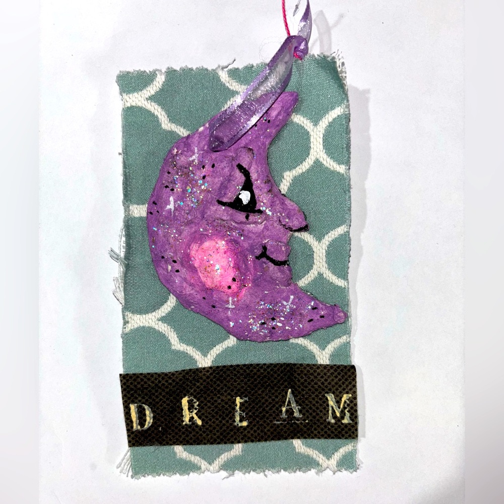 Handmade paper Mâché ornament moon with dream banner.